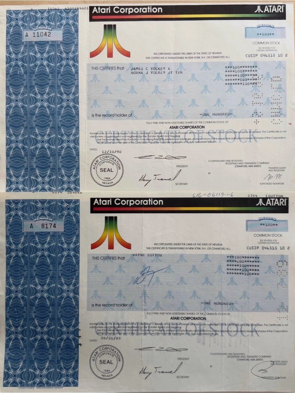 Vintage Atari Stock Certificate
